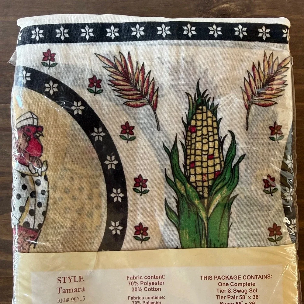 Vintage Farmhouse Rooster‎ Chicken Kitchen Curtain Set 3 Pc Tier & Swag 58x36